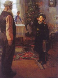 А ещё Федор Решетников любил в картинах "повесить" свою картину на стену. Например в "Опять двойка" на стене висит "Прибыл на каникулы" написанная им в 1948г.