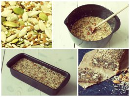 Ингредиенты на 1 кг хлеба (можно модифицировать ингредиенты по своим вкусовым пристрастиям):

100гр. миндаль
100гр. фундук
100гр. грецких орехов
* Орехи перемолоть

100гр. семян подсолнечника
100гр. семян кунжута
100гр. семян льна
100гр. семян тыквы
100гр. мака (по желанию)
100гр. воды (по желанию)

Добавьте по вкусу количество сушеных ягод и фруктов
2 чайные ложки соли
5 яиц
100 мл. льняного или оливкового масла
Смешайте все ингредиенты.

Форму для хлеба смазать льняным или другим растительным маслом.
Духовка 160 ° С
Выпекать 1:00.
Вегетарианские рецепты: рецепт хлеба из каменного века
Полезные советы по приготовлению хлеба

Вам нужно будет около 1-2 яиц на 100 грамм орехов/зерен/семян, так вам будет проще увеличивать пропорции. Если вы добавляете 100 г орехов добавьте еще одно яйцо.

Вы можете добавить туда мак или кедровые орехи. Не стесняйтесь экспериментировать. Если замес получается слишком сухой добавьте туда немного воды.