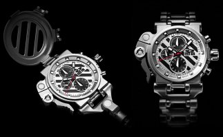 Brand: Oakley
Model: Full Metal Jacket - Titanium
Retail Price: $8,995
Features: Screw-down titanium case back with sapphire crystal, Sapphire crystal with anti-reflective coating, High-precision Computer Numeric Control (CNC) mach, Locking screw-down crown at 3 o�clock, 10 bar Water Resistance (100 meters / 330 feet), 25 jewel, Regulator: ETACHRON, Oscillator: 28,800 vibrations per hour; 4 Hz., +/- 12 seconds/day (average), Power Reserve: Approx. 46 hours, Chronograph, Day & Date, Date, Diver, Power Reserve, Water Resistant
Movement: Swiss Made, Auto-Mechanical, 7750 Valjoux