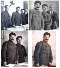 Не надо десталинизировать на ровном месте. На этой фотке изображены Антипов, Сталин, Киров и Шверник в 1926 году.

Старый чекист Антипов действительно был расстрелян в 1938 году по приговору суда, как троцкист. 
Киров погиб в результате покушения, в его честь были названы не только фабрики и заводы, стадионы и пароходы, но и целые города. Если бы Сталин как-то хотел отстраниться от Кирова, наверное этого бы не было. 
Шверник прекрасно дожил до глубокой старости и умер в почете уже при Брежневе. При Сталине всегда был на хороших должностях, известен в том числе тем, что лично предложил учредить орден Сталина, но Сталин это предложение отверг.
 
То есть автор поста  врет про то, что "всех убили". В этом нет ничего удивительного, вранье про Сталина это обычное дело. Но писать, что он "убирал их с фотографий" это просто вообще ничего не понимать и ничего не знать о Сталине. Сталин никогда не занимался такой ерундой. И если Антипова действительно могли отрезать по политическим соображениям (не Сталин естественно, а те кто публиковали фото), то Шверника и Кирова убрать с фото могли только исходя из контекста конкретной  публикации. Например в статье о Кирове, Шверник был не в тему и его отрезали, так же поступают и сейчас, но это не значит, что всех отрезанных убили и сослали в лагеря.

 "Я знаю, что после смерти на мою могилу нанесут кучу мусора. Но ветер истории безжалостно развеет его". 
(И. В. Сталин Из воспоминаний маршала А. Голованова)