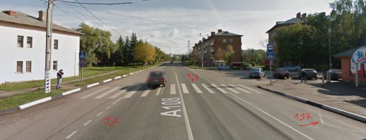 Уже съезжая с полосы теряешь приоритетность вернуться на неё - чтобы вернуться на полосу должен уступить по ней едущим.
Дальше - повороты осуществляем с крайней полосы. "Бык" ехал по крайней правой полосе и поворот делал согласно ПДД.
Разметка 1.7 обозначает полосу в пределах перекрестка. Полос две, а не четыре как можно было бы предположить(?). С одной стороны расширение дабы поворачивающий не мешал, с другой стороны карман для автобуса. Полосы на перекрестке обозначены и тут только одно может вводить в заблуждение - а какой край полосы в этом случае обозначает разметка 1.7?