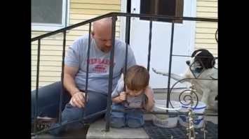 собака-помогака сразу показывала- надо встать.