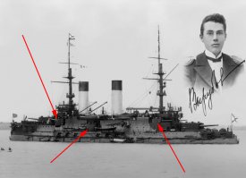 Речь идет о фотографии из основного текста поста (двухтрубный корабль)? Тогда вынужден с Вами не согласиться. В "Вики" и у Костенко  (у меня, правда, его книга 1955 года издания) есть фотография (у Костенко даже схема с калибром орудий, расположением и толщиной брони) "Наварина". Он был низкобортным и более того мгновенно узнавался по 4-м коротким трубам - где-то их сравнили с ножками перевернутой табуретки. И ниже в комментариях его фотография есть.
На снимке в основном тексте другой корабль. Причем обратите внимание на одну характерную деталь. Кроме башен главного калибра (2х305 мм) у него с каждого борта по три вращающихся двухорудийных (2х152 мм). Этой конструктивной особенностью обладал только прототип французской постройки "Цесаревич" (Порт-Артурская эскадра) и серия "Бородино" российской постройки: "Суворов", "Бородино", "Александр III", "Орел" и не вошедшая во Вторую эскадру "Слава", которая погибла в Первую мировую войну на Балтике в Моонзудском сражении. Но это ключевая деталь для быстрой и однозначной визуальной идентификации серии "Бородино"...