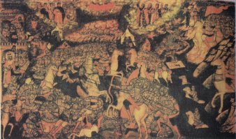 О Мамаевом побоище.

Битва идет не в чистом поле (Куликово поле) как врут историки, а около крепости. Старый вопрос: где татары ? 
Те, что переправляются через речку ? У всех воюющих сторон одинаковые красные треугольные знамена ? Причем и там, и там есть православные знамена с ликом Христа ?
Правда справа есть и без Христа, эта часть - мусульмане ?

Красный стяг на Руси - древний флаг, большевики только историю вспомнили.