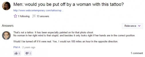 во, наконец-то, нашел на Yahoo об этом фото

перевод (автоматический, но смысл понятен):
Мужчины: вы бы откладывайтесь женщины с этой татуировке?

ответы
 Фил А:
Это не татуировка. Она была специально написана на для этой фотосессии. 
Ни одна женщина в своем уме , не в том , что глупо, и к тому же он только выглядит правильно , если ее руки находятся в правильном положении. Буду ли я быть выключен , если бы это было реально. Да, я бы пробежать 100 миль в час в противоположном направлении.