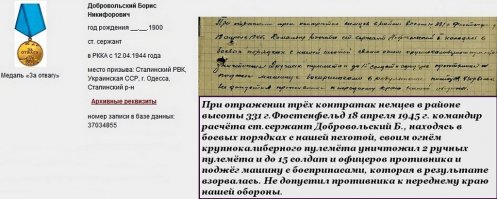Именно там я нашёл описание подвига своего деда и помог найти данные о награждениях предков-фронтовиков многим людям на Одноклассниках.
Есть фотокопии оригинальных наградных документов. К сожалению, пока нет данных обо всех награждениях, но работа продолжается.

С днём Победы, дедушка! Спасибо, что прикрыл нас...