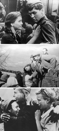 Да, фото отличные. Прекрасно поставлен свет и натура. Люди на фото почти как настоящие, хотя прекрасно видно, что большинство снимков - постановочные для глянцевых журналов тех лет. Вроде бы красиво, но складывается ощущение, что не на войну барышни отправляют своих парней, а на рыбалку. Барышки - все как на подбор - модели в модном прикиде. Но это на самом деле не фотосессия о войне, за исключением нескольких кадров.

Настоящая драма о войне есть только в нашим советских снимках. Заметьте, ВСЕГДА на наших фото люди не просто целуются и девки оттягивают ножку на каблуке. В наших снимках чувствуется весь ужас войны, поэтому люди плачут. Они также плачут и после ПОБЕДЫ. Потому что пережили АД на земле.

Да, в СССР в то время было мало качественных фотокамер. Есть снимки из кино, но что-то передать можно...