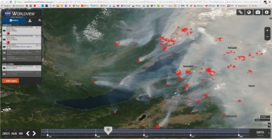 "и мы даже не знаем, как справится с Байкальским маловодьем», — подытожил собеседник."

Не знаем-не знаем... Хорош под дурачка-то косить! ГЭСы ещё не построили, а Байкал УЖЕ мелеет. При всём при том, что Иркутская ГЭС сбрасывает воду по минимуму - ниже ГЭСа Ангара отнюдь не такая полноводная река, как лет несколько назад. 

Мне, что-ли, сказать? Раз уж он там кто-то не знает?

Одна из причин - лесные пожары вокруг Байкала. Забыли, как летом горели? Прошлым, позапрошлым. Прошлым летом был вообще ужас - Весь Байкал в дыму, а тушили кое-как и мало. Где наши хваленые БЕ-200? Пожарные вертолеты где?

Это я один только понимаю связь между зелеными лесами и понижением притока в Байкал? Леса сгорят - приток ослабнет, факт.

Посмотрите, кому не лень, как в прошлом году горела Тайга: h

Это снимки с насовских спутников, там можно дату менять, смотреть как менялась картина. Я считаю - это преступление. Ладно, поджигателей найти - это дело. Но разве кого-то нашли? Поэтому я считаю что это преступления тех, кто должен был бороться с пожарами, отвечать за сохранность лесов. Они только и могли, что призывать через сми бесплатных добровольцев. Которым давали древние ранцы с водой и опрыскивателями. Мало кто пошел-откликнулся, конечно!
В этом году, интересно - повторится? Такая безалаберность.

Вот картинка была на 9 августа:
Это же просто ужас. И они удивляются ещё что Байкал обмелел! ГЭС ещё только в проекте, а он уже обмелел - испужался! 
Нет, я тоже против ГЭС. Но и с пожарами тоже надо что-то делать!