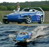 Модель, получившая название Splash («Брызги» 2004), оснащалась 140-сильным турбомотором, работающим на природном газе, и крыльями, которые помогали ей развивать высокую скорость как на суше, так и на воде. При движении по асфальту крылья Rinspeed Splash увеличивали прижимную силу, обеспечивая лучшее сцепление колес с дорожным полотном и позволяя развивать до 200 км/ч, разменивая первую «сотню» всего за 5,9 секунды. Когда же амфибия съезжала в воду, сервопривод переворачивал крылья на 180 градусов, опуская их под днище. На подводных крыльях Splash был способен в прямом смысле лететь над водой со скоростью до 50 км/ч.
Источник:
