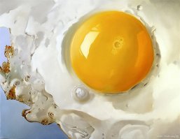 Чё-то как-то неоч. Слишком очевидно, что это нарисовано. В чем соль? Хот дог и огурец вызовут аппетит разве что у голодающего неделю. Трон из крыльев, я бы без подписи вообще не поняла,что это такое. 
Есть художники,которые действительно рисуют так,что не отличишь от фото, а это начальный уровень, ей ещё учиться. Погуглите работы Тжальф Спарнаай (Tjalf Sparnaay)
