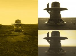 Современная обработка цветных снимков с "Венер 13, 14", сам аппарат и схема посадки.
Да, он падал с высоты 50 км без парашютов - на тормозном щите, который сверху.
Клик на картинке.