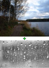 Возможно, отдельно снимает мокрое стекло и отдельно сюжет, потом в редакторе накладывает.
Вот я решил по-быстрому сделать нечто подобное. Думаю, что если посидеть, прикинуть, что да как, то можно сделать что-нибудь интересное.