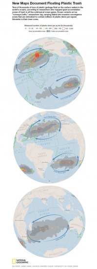 В 2014 году группа учёных девять месяцев бороздила океанские просторы, собирая информацию о загрязнении океана и составляя «пластиковую» карту океана. Еще совсем недавно считалось, что мусорное пятно имеет размеры в два раза превышающие площадь американского штата Техас и выглядит как огромный остров посреди океана. Последние исследования показали, что большая часть мусора состоит из небольших пластиковых частиц, около 5×5 мм, которые распределены на поверхности и в средних слоях воды. Это обстоятельство не позволяет определить истинные масштабы загрязнения, поскольку размеры его не определяются с самолета или со спутника. По некоторым данным, площадь мусорного пятна варьируется от 700 тыс. до 15 млн. километров, что в общей сложности может достигать 8% от общей площади Тихого океана. Кроме довольно хорошо исследованного The Great Pacific Garbage Patch, существует еще несколько значительно загрязненных областей. Всего в мире насчитывается 5 больших океанических круговоротов и несколько более мелких в водах Аляски и Антарктиды. Ученые пока не знают, какова степень загрязнения этих участков Мирового океана. Около 44% всех морских птиц съедают пластик, принимая его за пищу, часто со смертельным исходом. Примерно 267 видов морских видов животных заглатывают полиэтиленовые пакеты, напоминающие медуз. Мелкие частицы пластика употребляют в пищу многие виды рыб, путая его с планктоном.
Про «Новый горизонт» и «Кансей» никакой информации не нашел