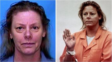 9. Эйлин Вуорнос
О ней снят документальный фильм (40-50 минут) и художественный "Монстр", где роль Эйлин играет тоненькая, стройная красавица Шарлиз Терон. Она загримирована очень похоже на героиню: пятна на лице, отвисший живот. И заслуженно получила Оскара за этот фильм. Надо сказать, жуткий фильм!
Повторю фото Эйлин и фото Шарлиз Терон в этой роли: