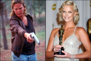 9. Эйлин Вуорнос
О ней снят документальный фильм (40-50 минут) и художественный "Монстр", где роль Эйлин играет тоненькая, стройная красавица Шарлиз Терон. Она загримирована очень похоже на героиню: пятна на лице, отвисший живот. И заслуженно получила Оскара за этот фильм. Надо сказать, жуткий фильм!
Повторю фото Эйлин и фото Шарлиз Терон в этой роли: