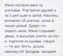 Заходит мужик в бар, заказывает мартини, вытаскивает оливку из стакана, выпивает мартини. Кладет оливку в пакетик, заказывает еще мартини,вынимает оливку, кладет в пакетик и снова выпивает мартини. И так несколько раз... Потом на автопилоте уходит из бара с полным пакетом оливок. Один из посетителей говорит бармену:
- Хм,никогда не видел такого странного чувака...
Бармен: 
- Ну,а че тут странного?Просто жена послала мужа купить пакетик маслин...