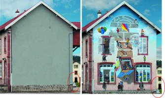 Фотошоп
Повторяющиеся элементы на первой картинке, машины и велосипеды с места не двигаются, даже если ракурс фото не меняется - тени на сравниваемых фото в реале должны отличаться - а они идентичны. И навряд ли ради его картинок будут сносить пристройки, перестраивать их или деревья пересаживать.
