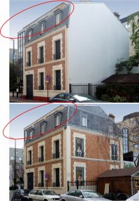 Фотошоп
Повторяющиеся элементы на первой картинке, машины и велосипеды с места не двигаются, даже если ракурс фото не меняется - тени на сравниваемых фото в реале должны отличаться - а они идентичны. И навряд ли ради его картинок будут сносить пристройки, перестраивать их или деревья пересаживать.