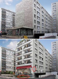 Фотошоп
Повторяющиеся элементы на первой картинке, машины и велосипеды с места не двигаются, даже если ракурс фото не меняется - тени на сравниваемых фото в реале должны отличаться - а они идентичны. И навряд ли ради его картинок будут сносить пристройки, перестраивать их или деревья пересаживать.