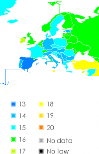 Бездумный перепост американской статьи. В России возраст согласия 16 лет. В США 16-18 в зависимости от штата. Карта возраста согласия в европе: