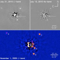 Во-первых методом регистрации смещения спектральных линий открыта довольно значительная часть планет и определены их массы, во-вторых нет ничего сложного в том, чтобы получить спектр звезды и потом сопоставить его с её же спектром, полученным при транзите планеты по диску. Вычитание линий поглощения с учётом доплеровского смещения и расширения спектральных линий даёт очень точную картину атмосферы экзопланеты, если таковая имеется.
И в-третьих вот фотографии экзопланет, последняя - у Фомальгаута: