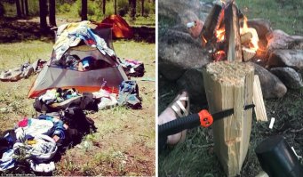 Автор, видимо, палатку только в комнате ставил, в лесу был только по шашлыки на пару км от дома.
Две житейские ситуации: всё промокло и сушится на солнце, нарубают тонкие щепки для разведения костра