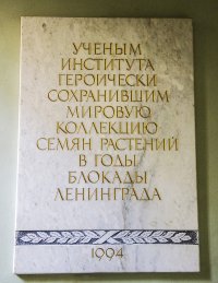 Не считайте за придирку, просто бросилось в глаза.
Читаем:

"На ней золотыми буквами выбито: "Ученым Института, героически сохранившим мировую коллекцию семян в годы блокады Ленинграда". 

Смотрим на табличку. 
Вопрос: ЗАПЯТАЯ ПЕРЕД ПРИЧАСТНЫМ ОБОРОТОМ ГДЕ?