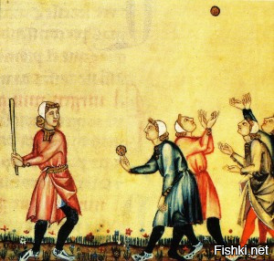 Итальянцы играют в "лапту", миниатюра из книги 13 века.
А, вообще-то, принято считать, что бейсбол - результат внебрачной связи английского крикета и польского варианта лапты - паланта.