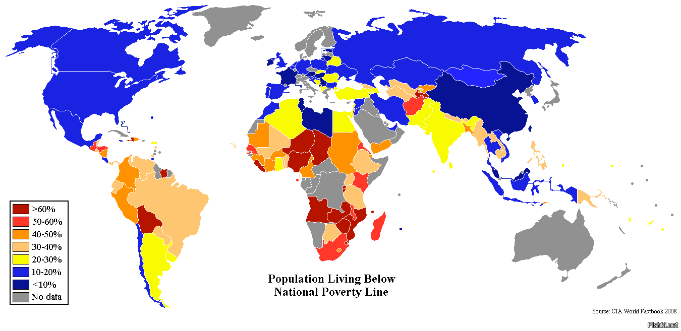дружок, перед тем, как что-то писать, изучи вопрос. Что такое бедность, что такое показатель бедности по странам, какой показатель бедности в России, какие еще страны имеют подобный показатель. Вот тебе картинка. Изучай. Она построена на докладе ЦРУ за 2008 год. Для справки, в 2016 году число россиян, живущих за чертой бедности составляет 16% от общего. Предположим, что в других странах ситуация не поменялась. Оцени картинку с этой точки зрения.
Ну а анализ твоего комментария заставляет задуматься о том, живешь ли ты в России в принципе.