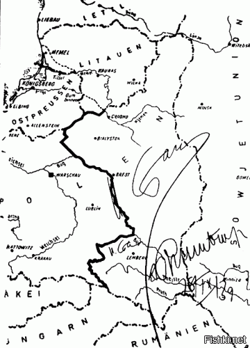 Что тем не менее не помешало в 39. раздлелить Польшу и наклепать целый пакт договоров о дружбе и границах?
Вот карта, даже с подписью Сталина, где граница между Германией и СССР идёт между Варшавой и Брестом.