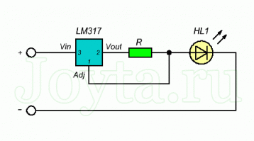 А зачем кренка??? Светодиод на 9-11 вольт, и от температуры изменяется ток. Конечно светодиод сгорит. Нужно стабилизировать ТОК а не напряжение, или поставить токо ограничивающее сопротивление как в моём случае. Вот посмотрите правильное включение стабилизатора в режиме стабилизации тока.
А если уж хочется стабилизации то вот схема с двумя транзисторами получше будет.