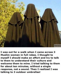 Я вышел погулять и встретил 3 женщин в парандже. Я решил, что должен сделать усилие
и попытаться заговорить с ними, чтобы понять их культуру, поприветствовать их. Я пытался разговаривать с ними около 10 минут без единого ответа, ни звука. Только тогда я понял, что говорю с треми уличными зонтами.