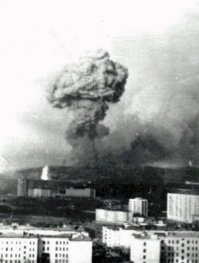 Тоже мне "гриб". Тучка как тучка. Мне есть с чем сравнивать :)

17 мая 1984 года в Североморске взорвался склад боеприпасов. Я видел взрыв собственными глазами и вот тогда, доложу я вам, картина была действительно апокалиптическая. Над городом гриб, высотой километра три, в городе вылетели почти все стёкла, кое-где вместе с рамами, сирены ревут, военные бегают и никто ничего не понимает.
А тебе всего 11 лет и ты дома один. Родители убежали по местам службы.
Но паники не было.