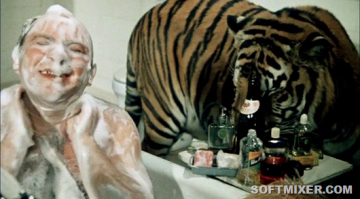 Этой сцены в сценарии не было. Ее придумал режиссер Владимир Фетин. Леонов наотрез отказался подходить к гигантскому, пусть даже и ручному хищнику, каким был знаменитый Пурш. Никакие уговоры тут не помогли. И лишь после того, когда специально изготовили бронированное стекло, которое должно было отделять Леонова от зверя, актер наконец согласился, но, правда, потом сильно пожалел об этом.На помывку Леонову-Шулейкину выдали дорогой французский шампунь. Горе-укротитель, напевая, с удовольствием намылился им. Густая пена полностью покрыла его голову, и артист ничего не видел. Именно в этот момент режиссер-дрессировщик Константин Константиновский убрал стекло, а Назарова по команде впустила Пурша.
Тот подбежал к ванне и начал шумно обнюхивать моющегося Леонова, а затем ткнул его своей усатой мордой в плечо и громко чихнул. Евгений Павлович, услышав шум, спросил режиссера: мол, я что - не в кадре?! А когда он протер глаза, то перед собой увидел тигра. Артист тут же ушел под воду. Пурш попытался достать его лапой. Леонов выскочил из ванны и совершенно голый бросился к выходу. Буквально за несколько секунд преодолев сотню метров, он оказался в рубке. 

Источник:  © Fishki.net