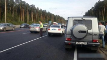 Для начала это не обочина, а проезжая часть, по ПДД обочина правее сплошной. Отделена от основной дороги сплошной т.к. это разгонный участок у АЗС. АЗС иногда закрывается вешают кирпич на въезде тогда машины разгоняются по этому участку. 
Но гелик скорее обоченьшик объезжал там пробку. Он будет наказан гемору выхватит будь здоров. 
Сайгак прыгнувший под гелик самоубийца - т.к. по дороге сломя голову не носятся, мог бы хотя бы по сторонам смотреть, он за свою ошибку заплатил сполна.

PS не бегайте по дороге- особенно среди стоячих машин или других препятствий, это опасно.