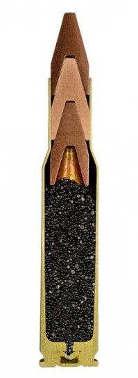 Небольшое дополнение к статье, уже из современных реалий:
Специальный патрон 7,62/5,6 мм Salvo Squeezebore с тремя латунными пулями. Предназначен для особого оружия: задняя часть ствола у него нарезная цилинд­рическая, а передняя — коническая, гладкая. В нарезной части все три пули движутся под действием пороховых газов как единое целое, но в коническом его участке пули обжимаются, задние при этом вытесняются из передних и из ствола вылетают уже порознь. Из-за обжатия пуль калибр указывается через дробь, поскольку вначале пуля имеет калибр 7,62 мм, а в процессе движения по каналу ствола он уменьшается до 5,6 мм.