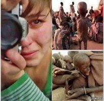 Поправил, чем смог. Развернуто, скорее всего, ради композиции, так как мы читаем слева направо. Если фото стоит "правильно", то мы бы натыкались взглядом сразу на черное пятно объектива, как бы "ступеньку", и глаза бы "спотыкались". "Читаем" картинку дальше - там глаз в слезах и негры. А мозг уже как бы "забыл" о фотоаппарате, и получается, что она не фотографирует уже, а просто смотрит.
 В неперевернутом варианте сюжет не складывается: фотоаппарат - девушка плачет - голодные негры. В перевернутом варианте все по сюжету - девушка плачет - потому что фотографирует - голодных негров.