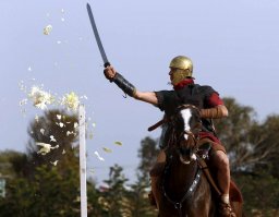 а вот реконструкция тактики римского легиона -
1.Более опытный воин поверх щита убивает противника ударом в шею
2.Кавалерийская спата -
3.Та самая знаменитая "черепаха"-