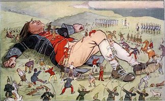 Автор случайно не почерпную идею из иллюстраций к роману "Гулливер в стране лилипутов" ? Они тоже наглядно дают понять размеры  этих лилипутов, в сравнение с нормальным человеческим ростом .   :)