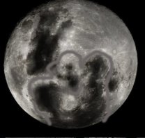 Если луну на бок повернуть, то пятна похожи на белого медведя прыгнувшего в воду - вид снизу. :) Блин, где-то такое фото было, не могу найти.