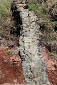 Автор Вы неуч. учите геологию и не путайте мягкое с угловатым.
останцы  это результат выветривания (физического и химического разрушения горных пород, обычно прочных. В начале  поста описан базальтовый поток, который тёк по песчанику, базальтовая лава имеет специфическую столбчатую отдельность. а в конце описаны останцы из осадочных пород типа известняка или песчаника,  связанные с различной прочностью слоёв. 
на фотографиях ниже дайка (50см шириной) базальтового состава в андезитах, и каменный цветок (базарьтовый поток), остров Тенерифе, Канарские острова