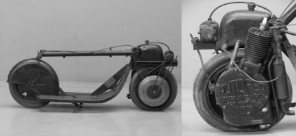 В 1915 году построен 4 тактный 155 кубовый двигатель и установлен на самокат!  А...еть! Непонятен привод на колесо. Там насос что ли установлен, кто знает?