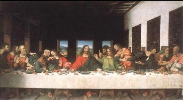 Фреска Леонардо да Винчи «Тайная вечеря» и кадр из клипа группы Ленинград «Сиськи» (2016)