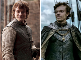 Вторая фотка вроде со второго сезона, не давно как раз пересматривал. 
Это он на корабле возращается первый раз домой, что бы просить отца присоединиться к походу Робба Старка.

=)))) Короче... когда он сестру свою на коне мацал.