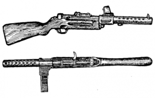 Пистолет - пулемёт МР-28 (шмайссер)

ТТХ пистолет-пулемёта МР-28 : калибр - 9 мм, начальная скорость пули - 340 м/с, длина - 810 мм, масса - 4,7 кг,
емкость магазина - 32 патрона, тем стрельбы - 600 выстрелов/минуту, практическая скорострельност - 250 в/м, прицельная дальность - 200 м.

В отличие от модели MP-18.I, у которой питание патронами производилось из дискового магазина емкостью 32 патрона, в модели MP-28.II используется более удобный и простой в производстве коробчатый магазин такой же емкости, патроны в котором располагаются в два ряда в шахматном порядке. На задней стенке коробки магазина имеются прямоугольные щели с цифрами 8, 16, 24, 32, указывающими число остающихся патронов в магазине. Магазин вставляется в приемник, расположенный с левой стороны пистолета-пулемета. Пистолет-пулемет имел секторный прицел, состоящий из прицельной планки с пружиной, хомутика, защелки хомутика с пружиной и оси прицельной планки. На наружной стороне прицельной планки нанесены деления от 1 до 10, каждое деление соответствует изменению дальности на 50 м. Пистолет-пулемет MP-28.II был выпущен малой серией, так как использование его экипажами бронемашин оказалось затруднено из-за наличия жесткого деревянного приклада.(с)