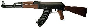 "Автоматический карабин 47 — официальное название, более известен как: 7,62-мм автомат Калашникова (АК)[2] — автомат, принятый на вооружение в СССР в 1949 году; индекс ГРАУ — 56-А-212. Был сконструирован в 1947 году под руководством М.Т. Калашникова."