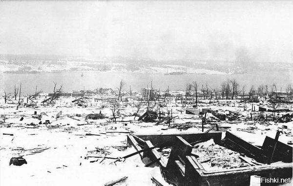 В гавани канадского города Галифакс 6 декабря 1917 года произошло столкновение французского военного грузового корабля “Монблан”, который был полностью загружен одной взрывчаткой — тротилом, пироксилином и пикриновой кислотой, с норвежским кораблём “Имо”. В результате сильнейшего взрыва порт и значительная часть города были полностью разрушены. Около 2000 человек погибли в результате взрыва под обломками зданий и из-за возникших после взрыва пожаров. Приблизительно 9000 человек получили ранения, 400 человек лишились зрения. Взрыв в Галифаксе входит в число сильнейших взрывов, устроенных человечеством, этот взрыв считают мощнейшим взрывом доядерной эпохи.

И тут, менее, чем через пару часов посте столкновения с "Имо", напичканный взрывчаткой "Монблан" рванул! Историки лишь потом, лишь после Второй мировой, как-то раскопали накладные, по которым загружался французский "Монблан" в Нью-Йорке. В них в общей сложности числилось около четырех тысяч тонн взрывчатки, в том числе и тротила. Короче, неатомная бомба в четыре килотонны! Мир в то время такого еще не видел…

100-килограммовый кусок шпангоута "Монблана" был найден в лесу в 19 километрах (!) от эпицентра взрыва. Массовые пожары не могли потушить несколько дней. По злому капризу судьбы, именно в этот день в Галифаксе упала температура и началась метель со снежными зарядами, и многие раненые под обломками зданий просто замерзли…