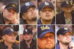 Он постоянно в разных бейсболках:

Судя по всему, Леонардо ДиКаприо имеет обширную коллекцию бейсболок: в первом ряду — логотипы спортивных университетских команд Georgia Bulldogs, Rhode Island Rams, Long Beach State 49ers, Boston Red Sox, 
во втором ряду — Rice University, Florida Atlantic Owls, UCLA (University of California) и VCU (Virginia Commonwealth University).

И можно найти другие фотографии.