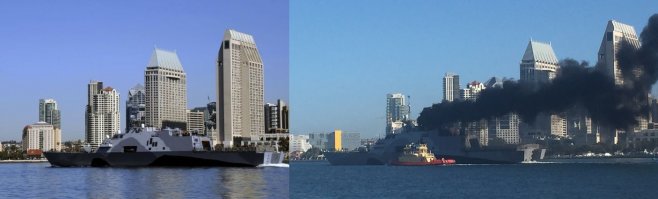 Вот так думаю лучше видно, что это две различные фотографии снятые в разное время суток (освещение от солнца на корабле и зданиях), в различных режимах состояния корабля (движение и покой) и при различном положении судна (относительно берега).