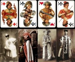 Мне кажется, притянуто за уши.
На картах люди в национальных костюмах, на фото ( отдельных) тоже просто люди в таких же, с которых и срисованы образы.
А на фото- императорский бал маскарад.

Кто то вбросил один раз -и пошло гулять по сети. И думать никто не станет. 

Особенно два валета похожи.